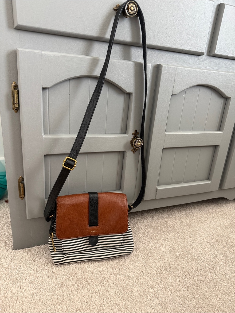 Fossil Striped Canvas Crossbody with Brown Leather Flap